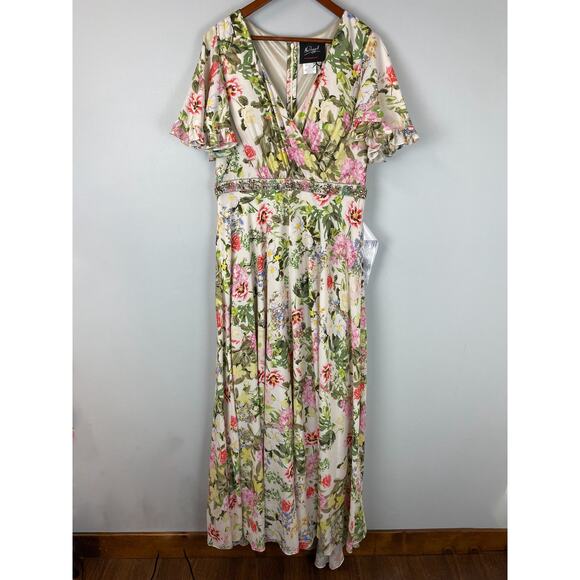 Mac Duggal Floral Print Faux Wrap Flutter Sleeve A Line Gown Floral SIze 12 9079 - Picture 13 of 14